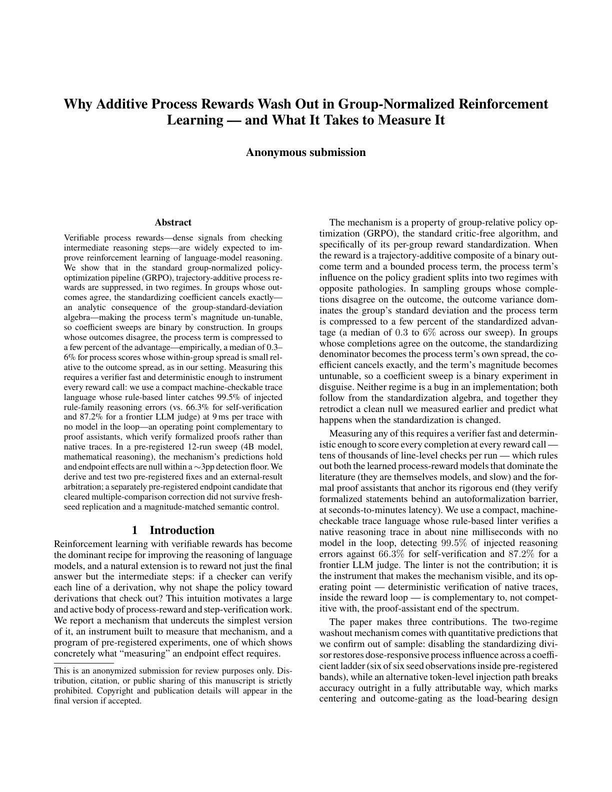 Page 1 of Why Additive Process Rewards Wash Out in Group-Normalized Reinforcement Learning — and What It Takes to Measure It