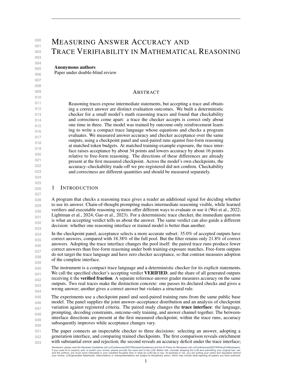 Page 1 of Measuring Answer Accuracy and Trace Verifiability in Mathematical Reasoning