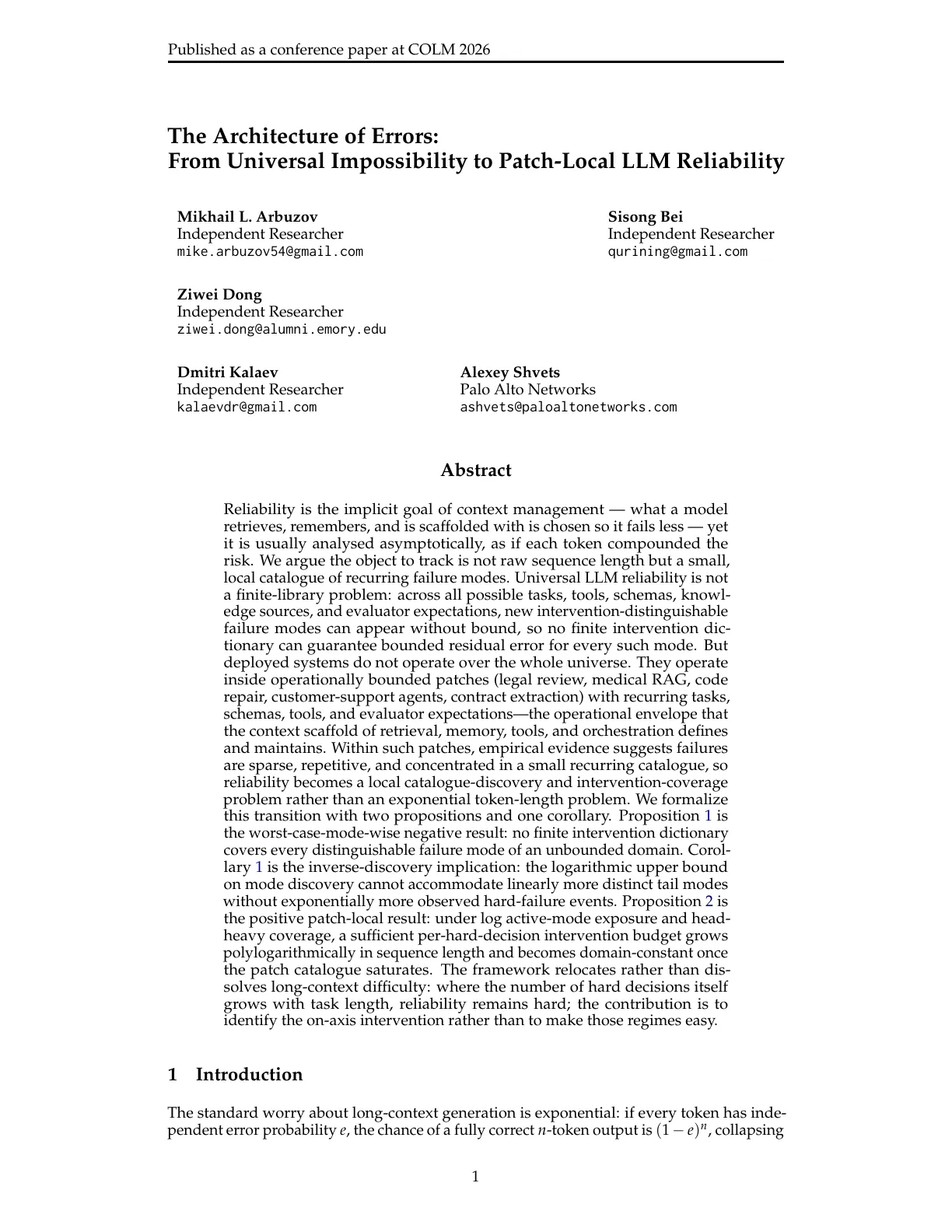 Page 1 of The Architecture of Errors: From Universal Impossibility to Patch-Local LLM Reliability