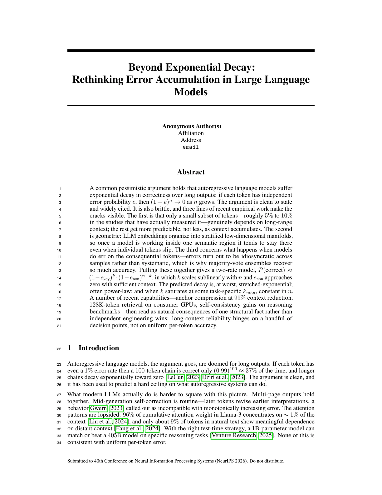 Page 1 of Beyond Exponential Decay: Rethinking Error Accumulation in Large Language Models