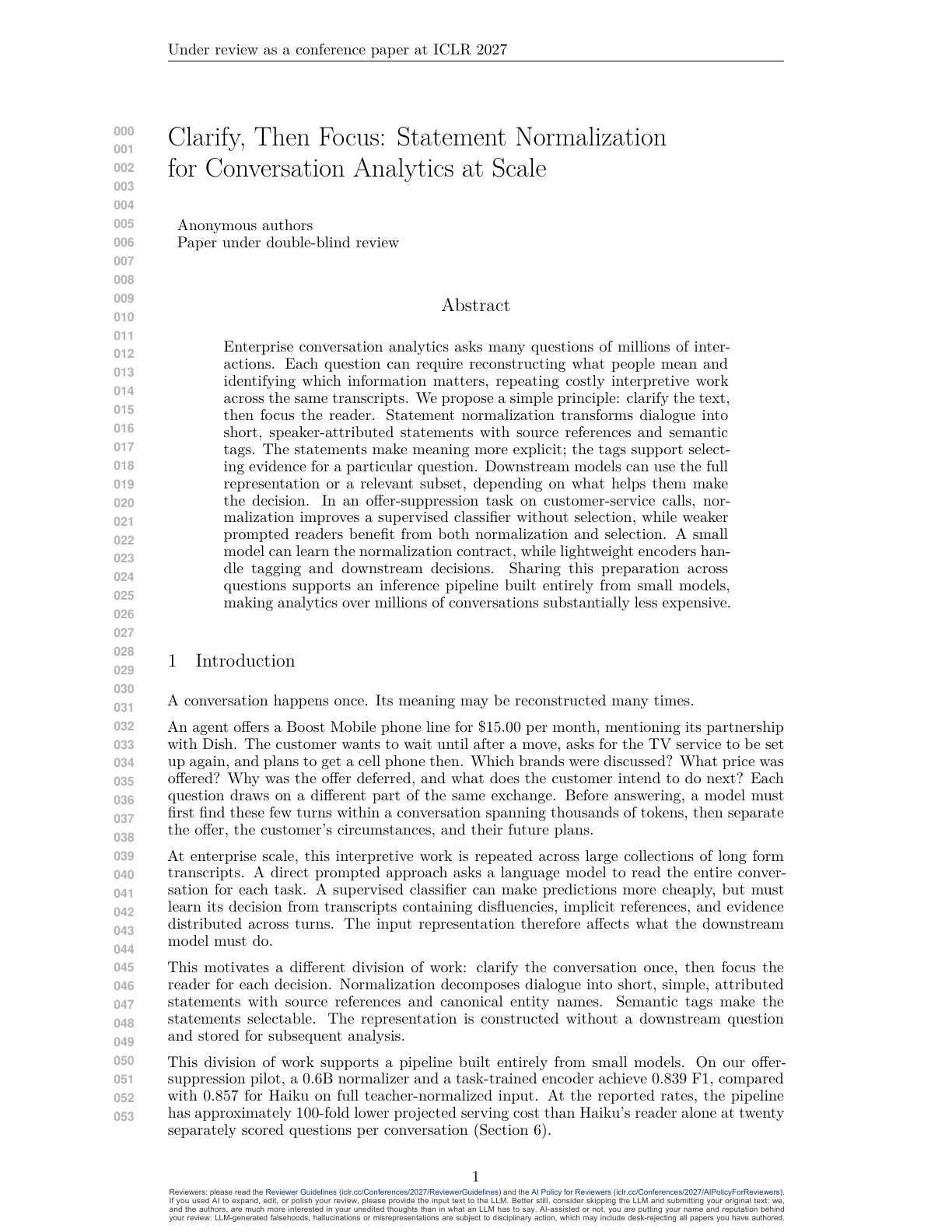 Page 1 of Clarify, Then Focus: Statement Normalization for Conversation Analytics at Scale