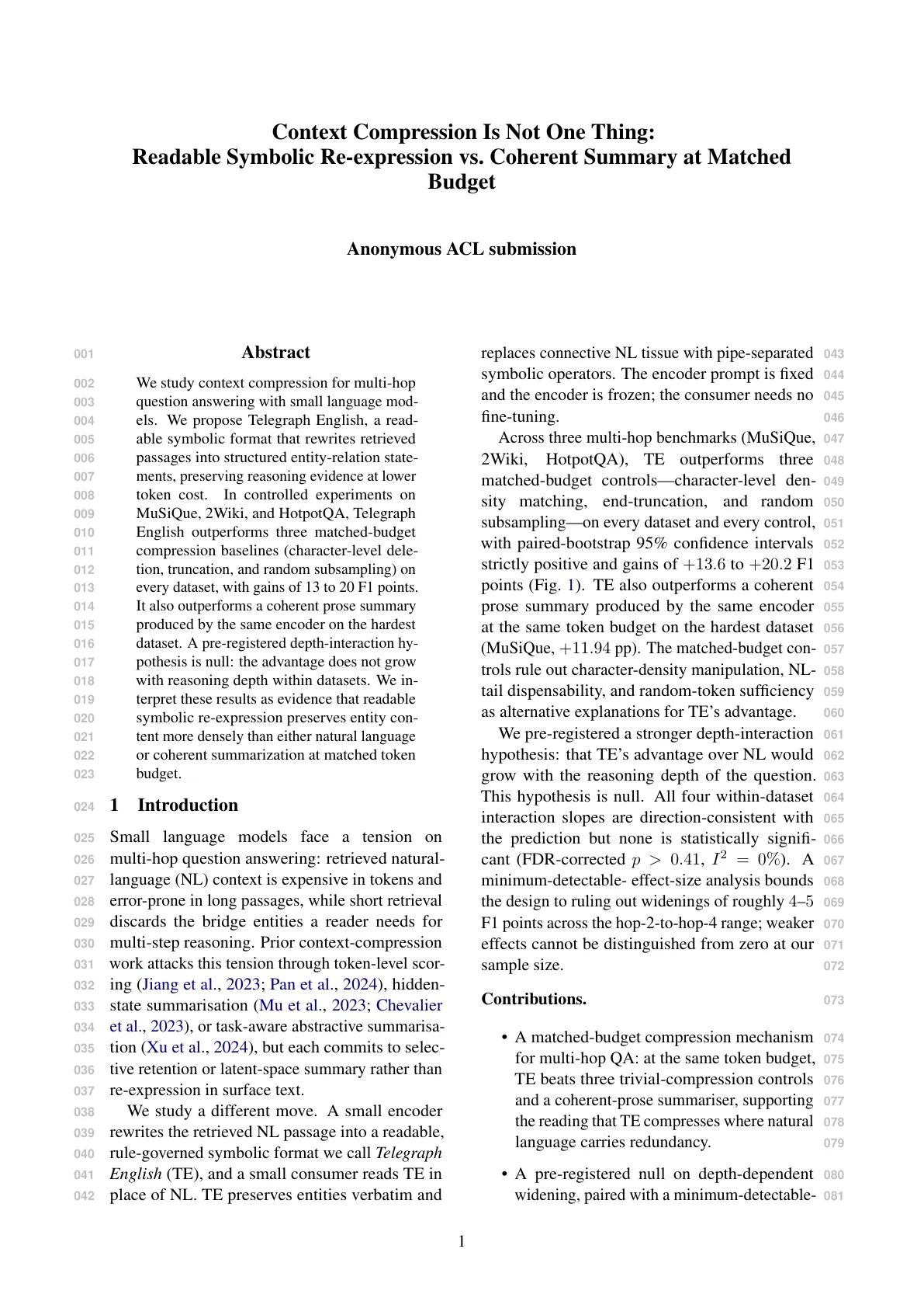 Page 1 of Context Compression Is Not One Thing: Readable Symbolic Re-expression vs. Coherent Summary at Matched Budget