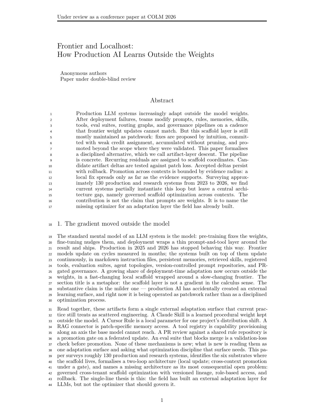 Page 1 of Frontier and Localhost: How Production AI Learns Outside the Weights