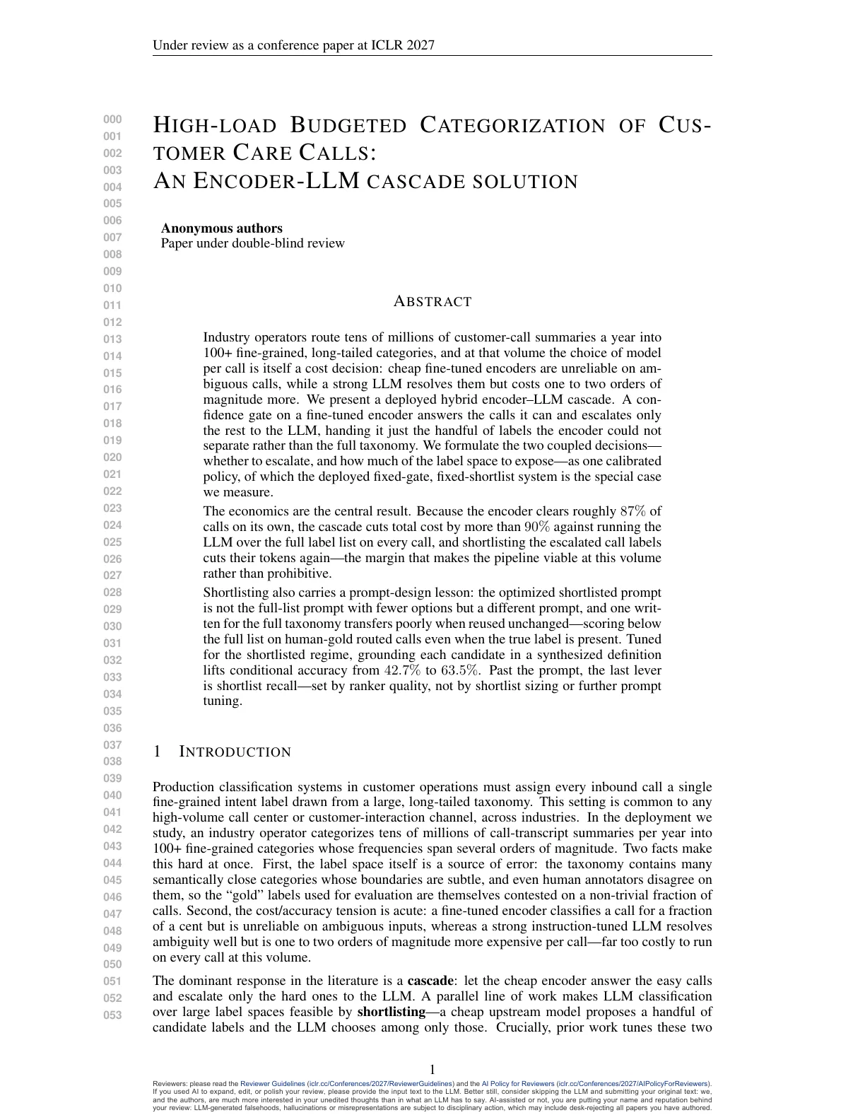Page 1 of High-Load Budgeted Categorization of Customer Care Calls: An Encoder-LLM Cascade Solution
