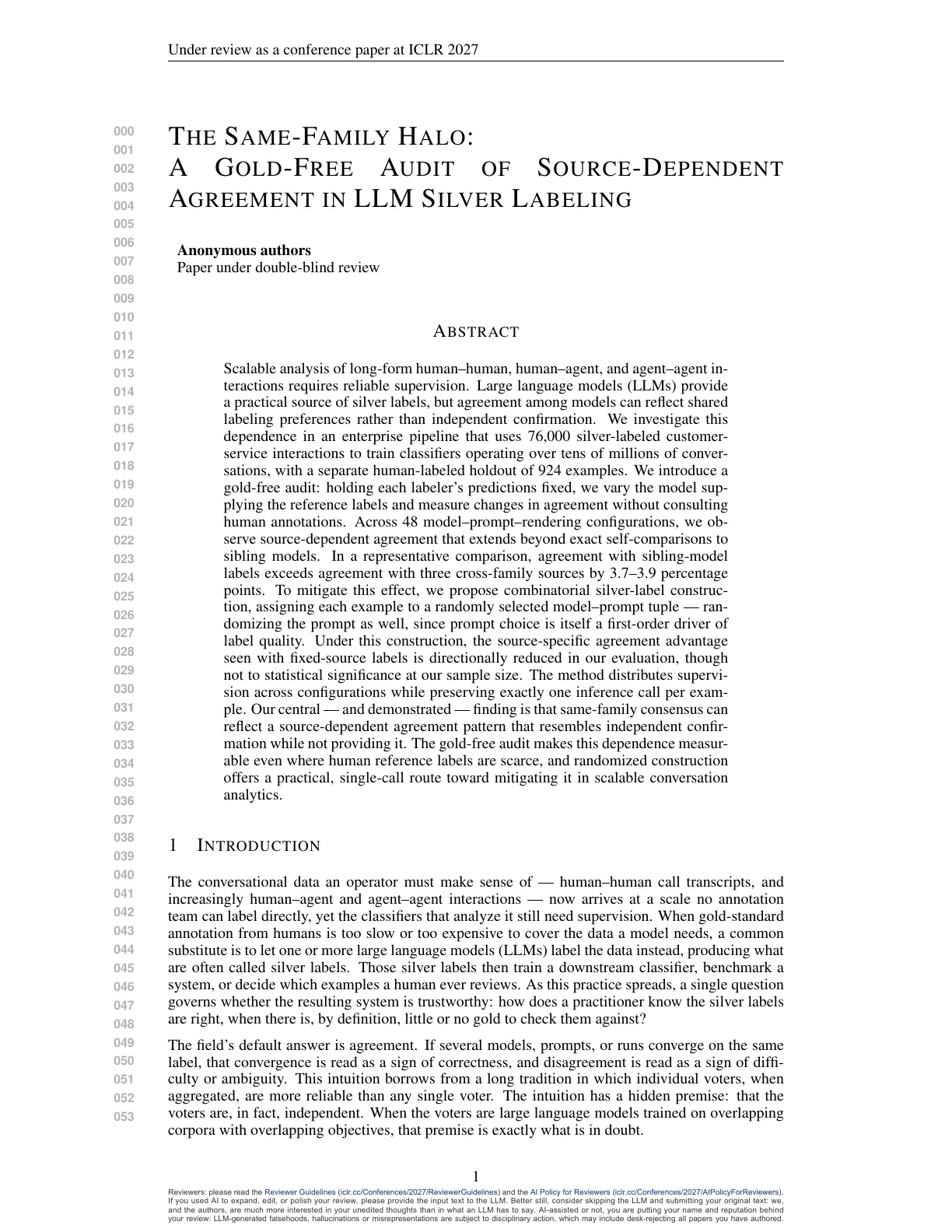 Page 1 of The Same-Family Halo: A Gold-Free Audit of Source-Dependent Agreement in LLM Silver Labeling