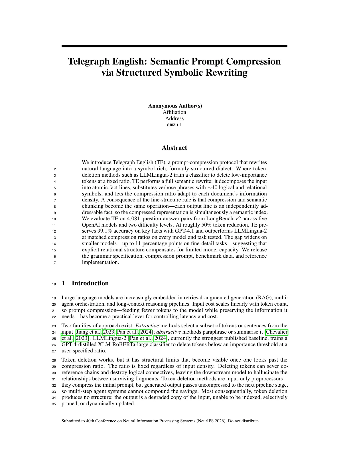 Page 1 of Telegraph English: Semantic Prompt Compression via Structured Symbolic Rewriting