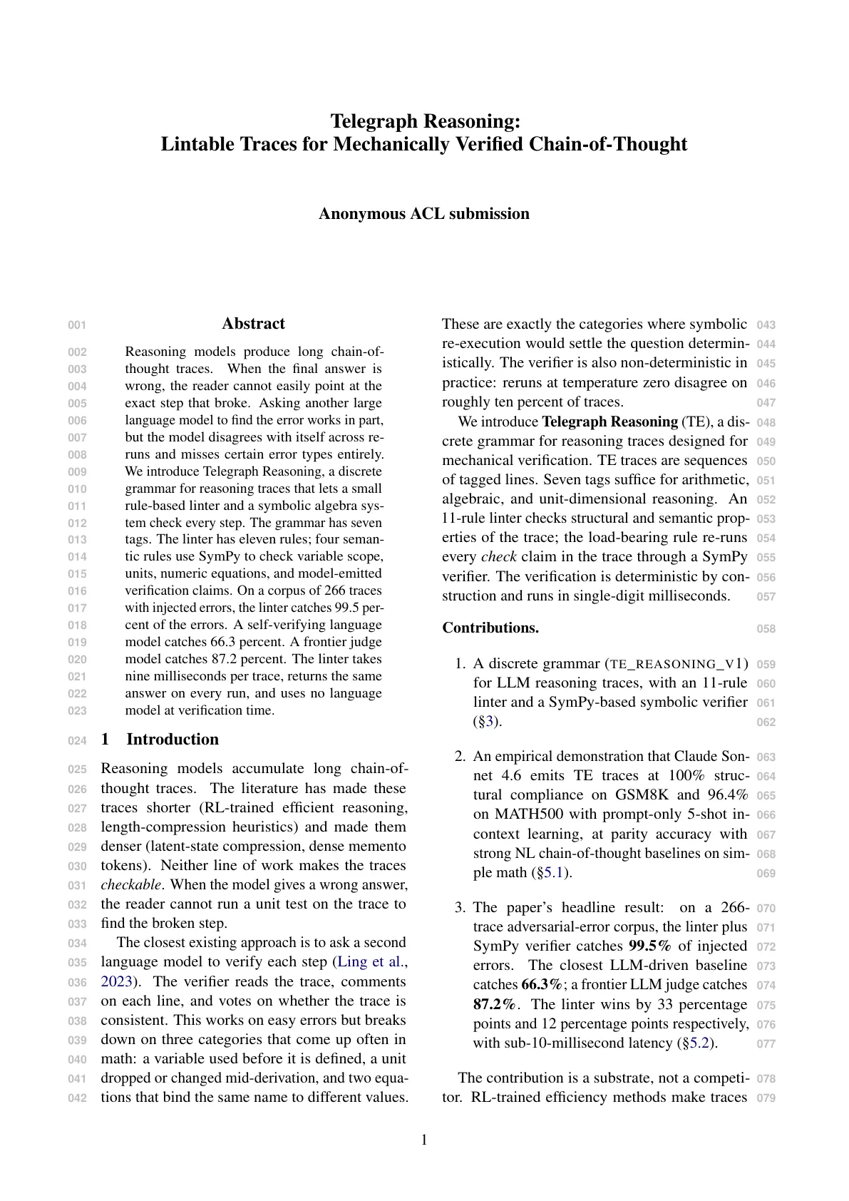 Page 1 of Telegraph Reasoning: Lintable Traces for Mechanically Verified Chain-of-Thought